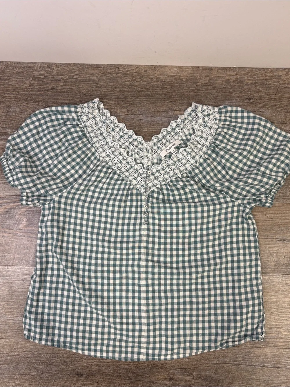 Madewell Green Gingham Linen Blend Eyelet Lace Trim Blouse Size XS
